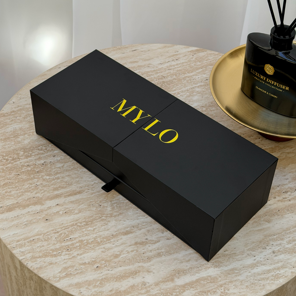 MYLO Spirit black rectangular gift box with gold foil mylo branding and pull-tab drawer