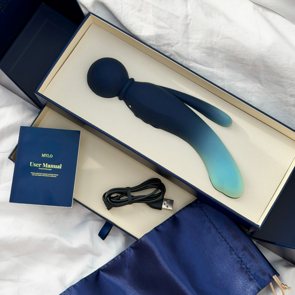 A sleek, gradient blue mylo wand with a smooth silicone finish and ergonomic design.